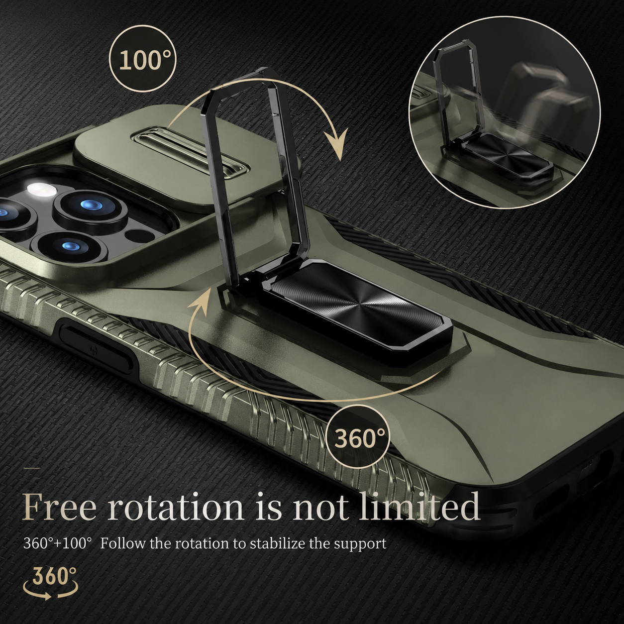 Premium iPhone Case Shockproof Protective Cover Full Coverage Sliding Camera Lens Guard Rotary Stand Anti Slip Grip Durable Matte Design Hard Back