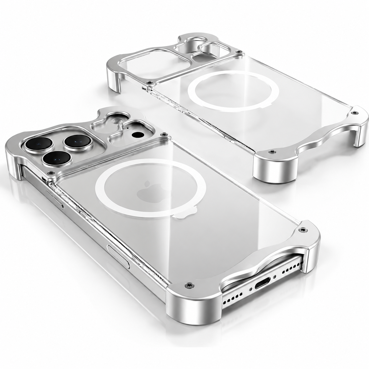 Premium iPhone Case MagSafe Compatible Magnetic Bumper Aluminum Corner Protection Transparent Back Shockproof Camera Lens Guard Slim Frameless Protective Cover