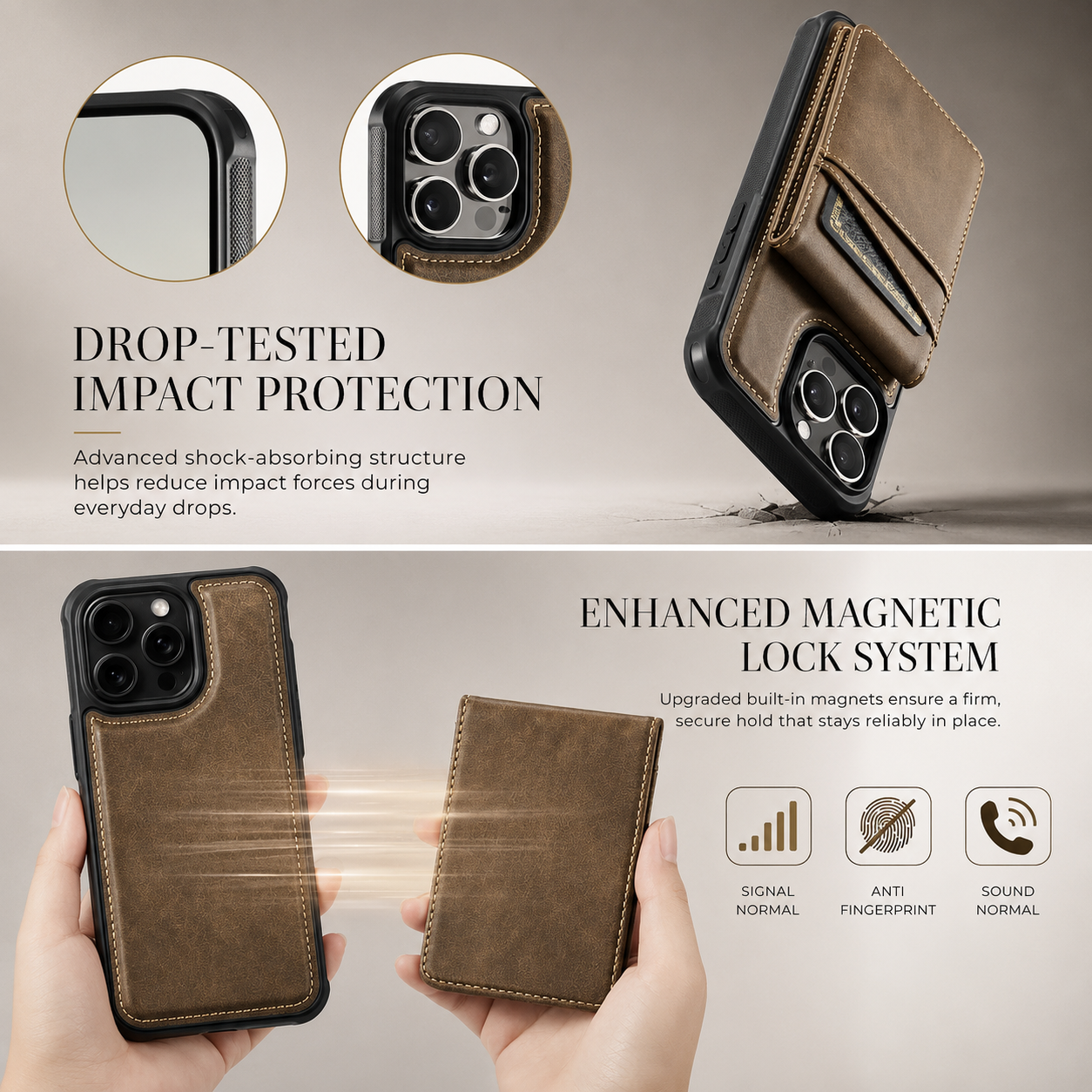 Premium iPhone Case Magnetic Detachable Wallet Flip Cover PU Leather Card Holder Cash Pocket Wrist Strap Shockproof Full Coverage Protective Design