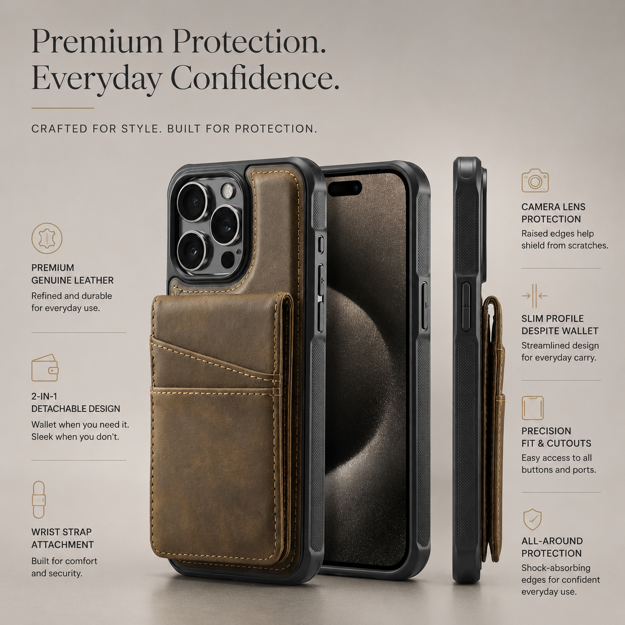 Premium iPhone Case Magnetic Detachable Wallet Flip Cover PU Leather Card Holder Cash Pocket Wrist Strap Shockproof Full Coverage Protective Design