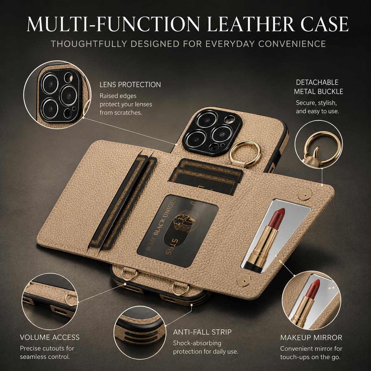 Premium iPhone Case MagSafe Compatible Magnetic Crossbody Wallet Cover PU Leather Card Holder Finger Ring Stand Strap Shockproof Full Coverage Design
