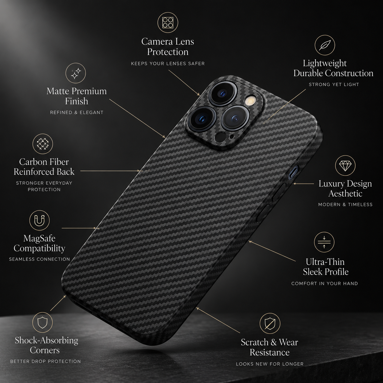 Premium iPhone Case Ultra Thin Carbon Fiber Matte Protective Cover Lightweight Anti Scratch Slim Hard Back Camera Protection Full Coverage