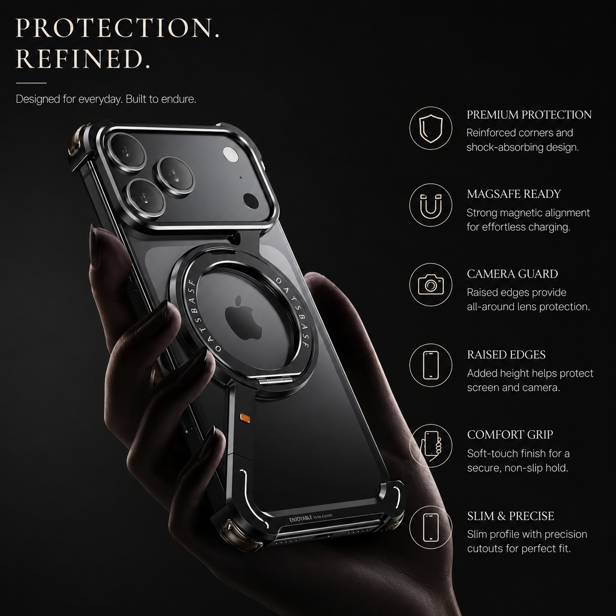 Premium iPhone Case MagSafe Compatible Magnetic Aluminum Frameless Cover 360 Rotating Stand Ring Shockproof Camera Lens Protection Slim Design