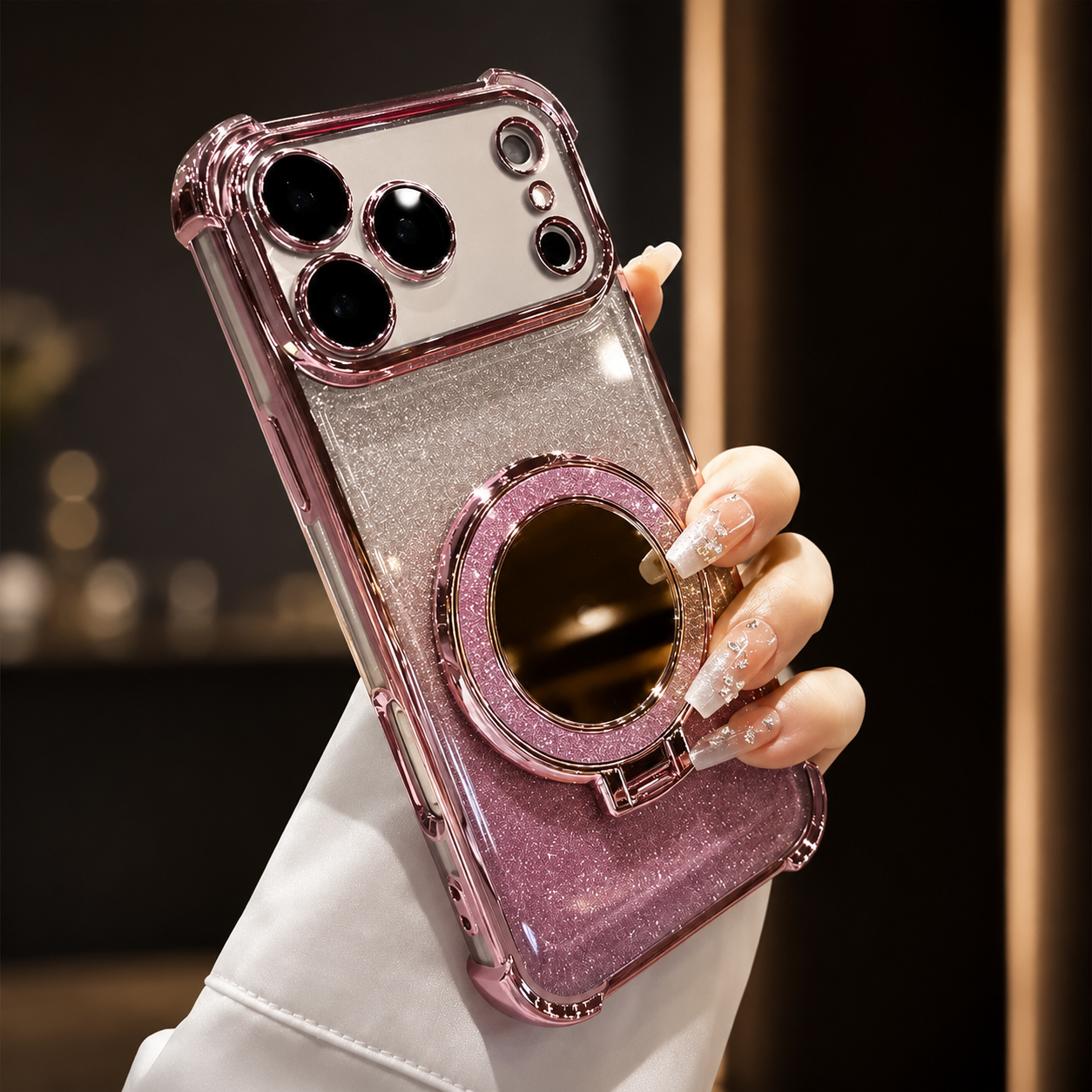 Premium iPhone Case Glitter Mirror Magnetic Bracket Cover Shockproof Silicone Non Slip Anti Scratch Full Coverage Stand Holder Protective Design