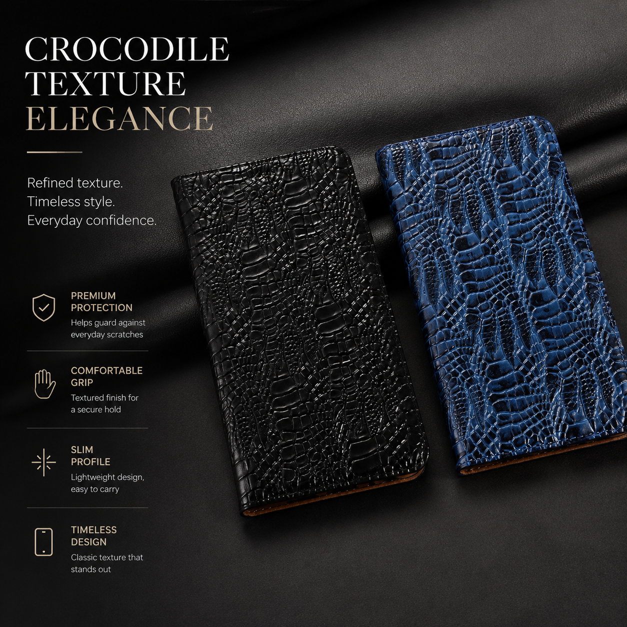 Premium iPhone Case Genuine Leather Wallet Flip Cover Card Holder Crocodile Texture Shockproof Protective Cover Anti Scratch Slim Full Protection