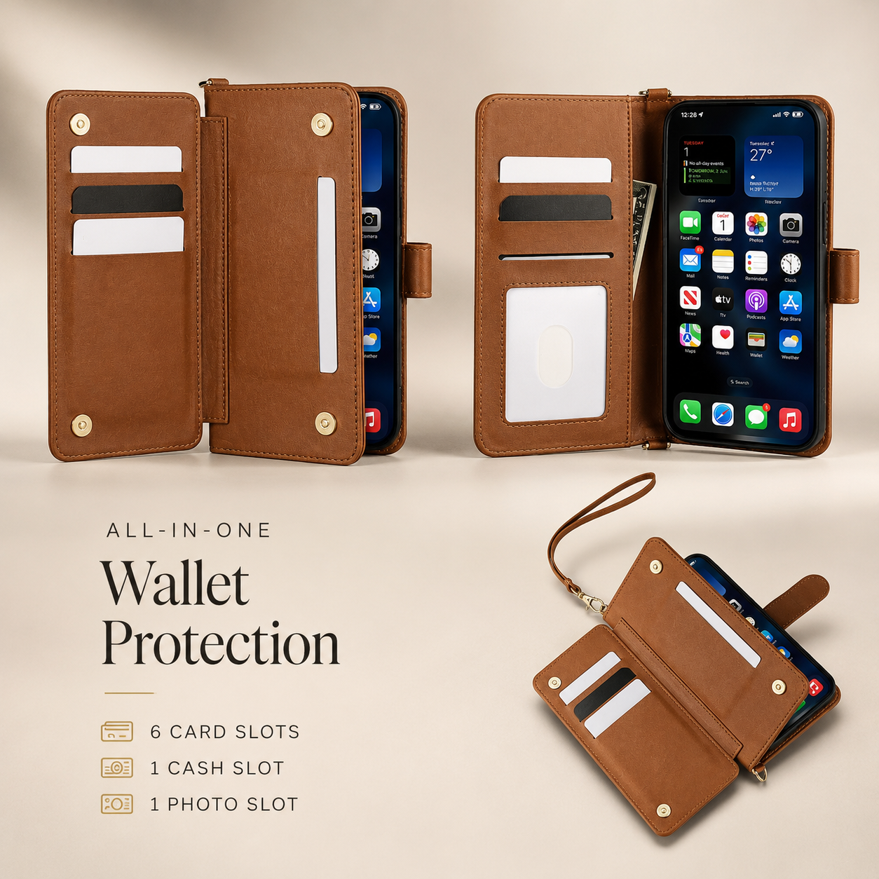 Premium iPhone Case Crossbody Wallet PU Leather Cover Card Holder Shoulder Strap Magnetic Closure Shockproof Full Coverage Slim Design