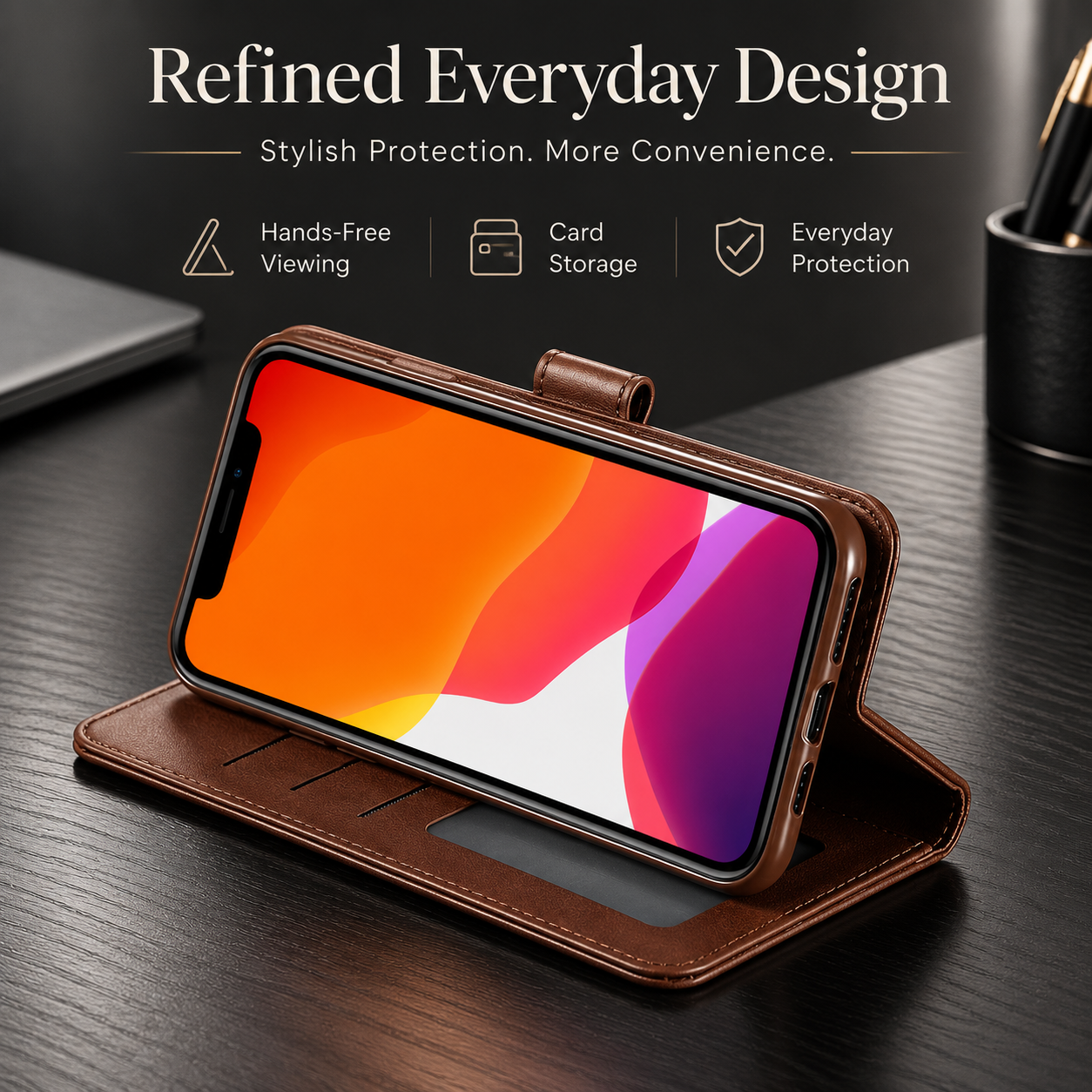 Premium iPhone Case Leather Wallet Flip Cover Card Holder Magnetic Closure Shockproof Camera Protection Slim Full Coverage Protective Design