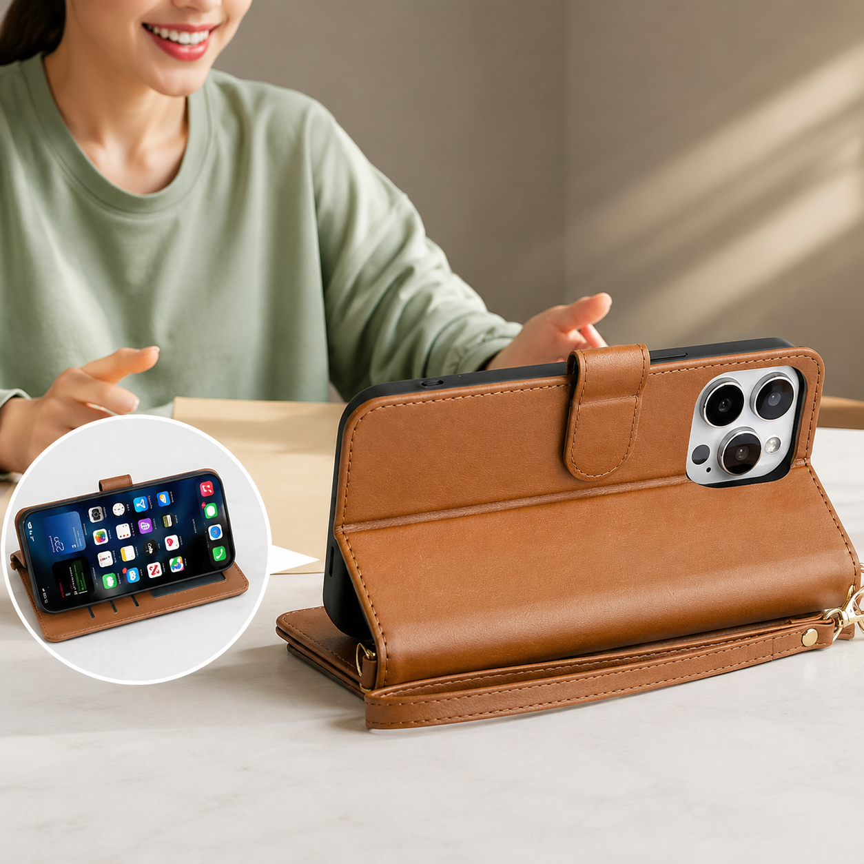 Premium iPhone Case Crossbody Wallet PU Leather Cover Card Holder Shoulder Strap Magnetic Closure Shockproof Full Coverage Slim Design