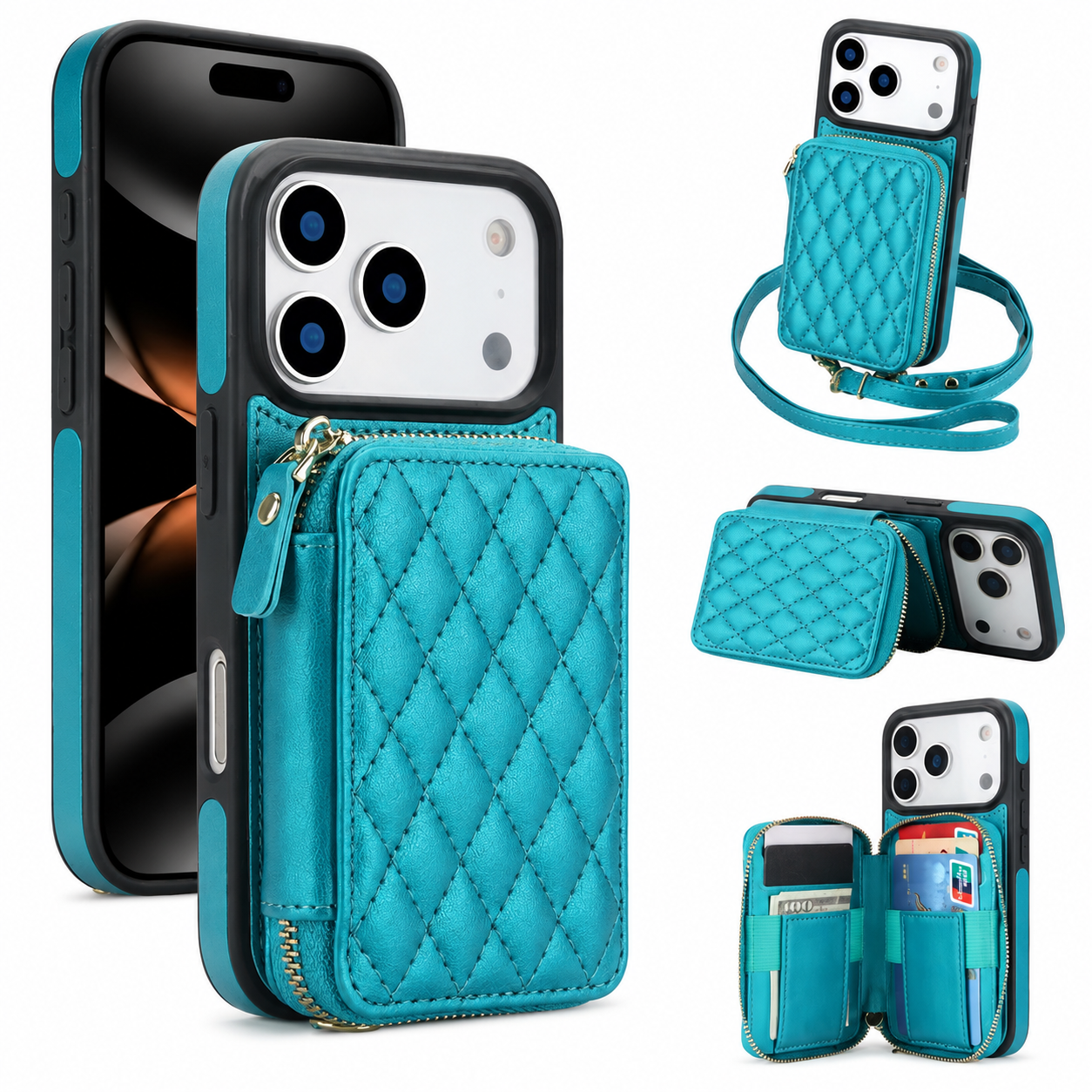 Premium iPhone Case Crossbody Wallet Folio Cover RFID Blocking Card Holder Zipper Kickstand Wrist Strap Shockproof Protective Full Coverage