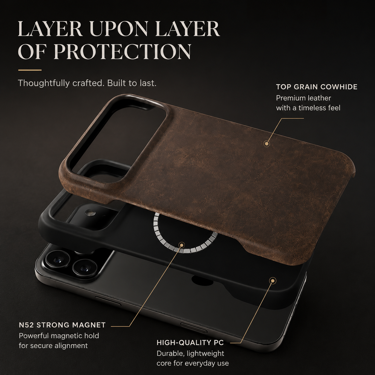 Premium iPhone Case MagSafe Compatible Genuine Leather Magnetic Cover Cowhide Texture Shockproof Protective Cover Anti Scratch Full Back Slim