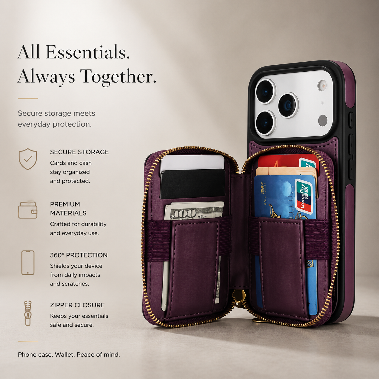Premium iPhone Case Crossbody Wallet Folio Cover RFID Blocking Card Holder Zipper Kickstand Wrist Strap Shockproof Protective Full Coverage