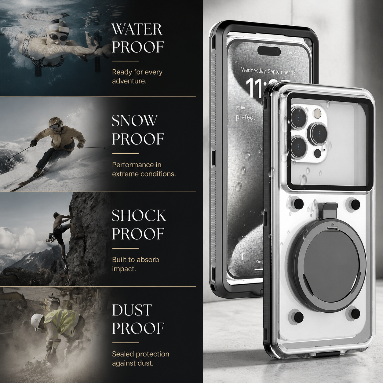 Premium iPhone Case Waterproof IP68 Protective Cover Full Body Shockproof Vacuum Seal System Underwater Touchscreen Access Dustproof Durable Design