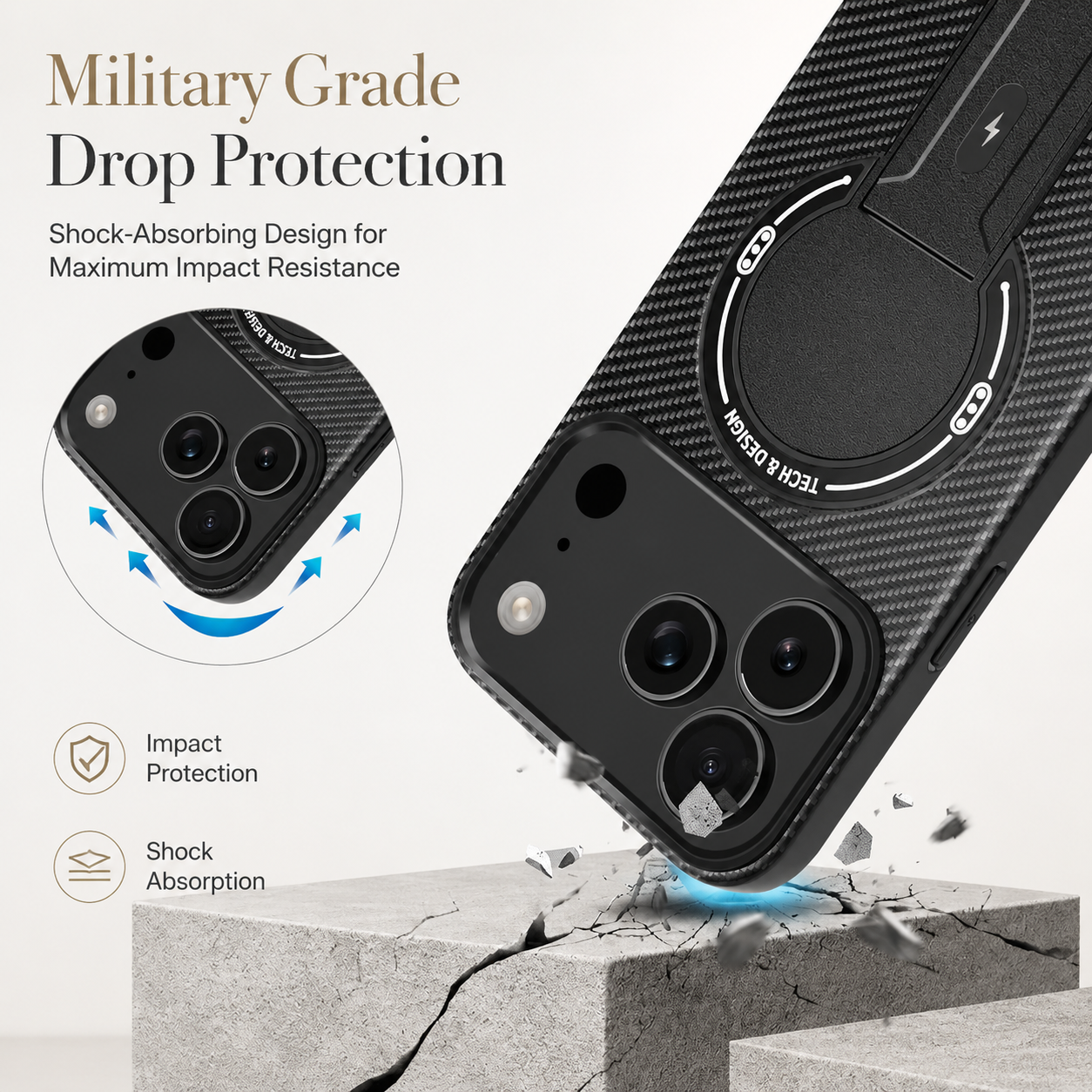 Premium iPhone Case MagSafe Compatible Carbon Fiber Pattern Fold Stand Shockproof Dual Layer Military Grade Protective Cover Full Coverage Armor Design