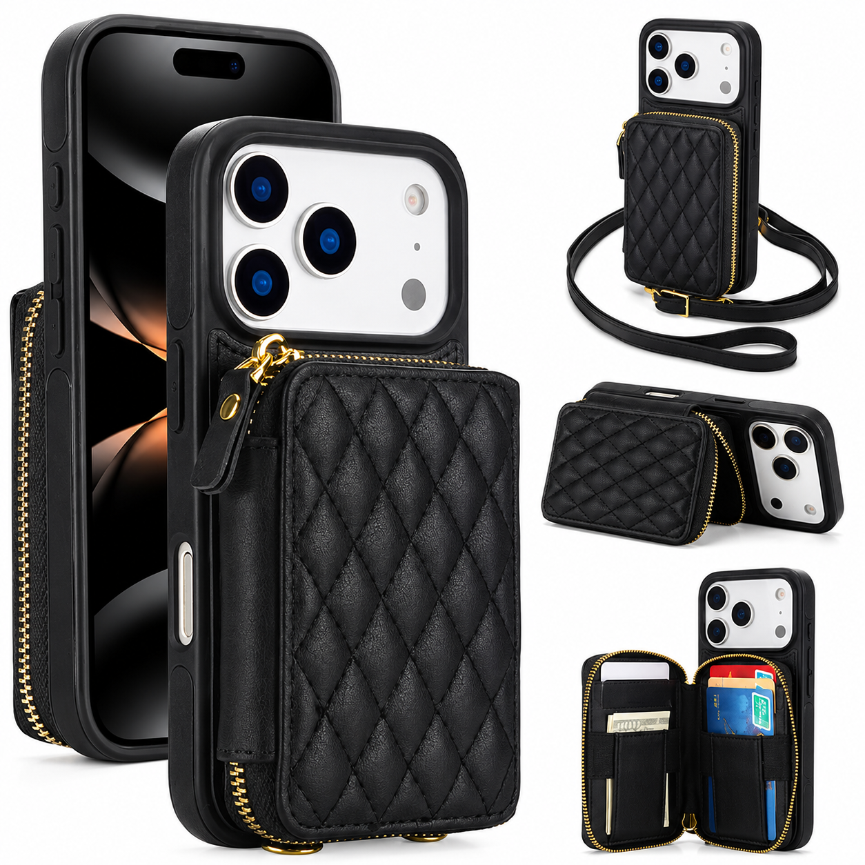 Premium iPhone Case Crossbody Wallet Folio Cover RFID Blocking Card Holder Zipper Kickstand Wrist Strap Shockproof Protective Full Coverage