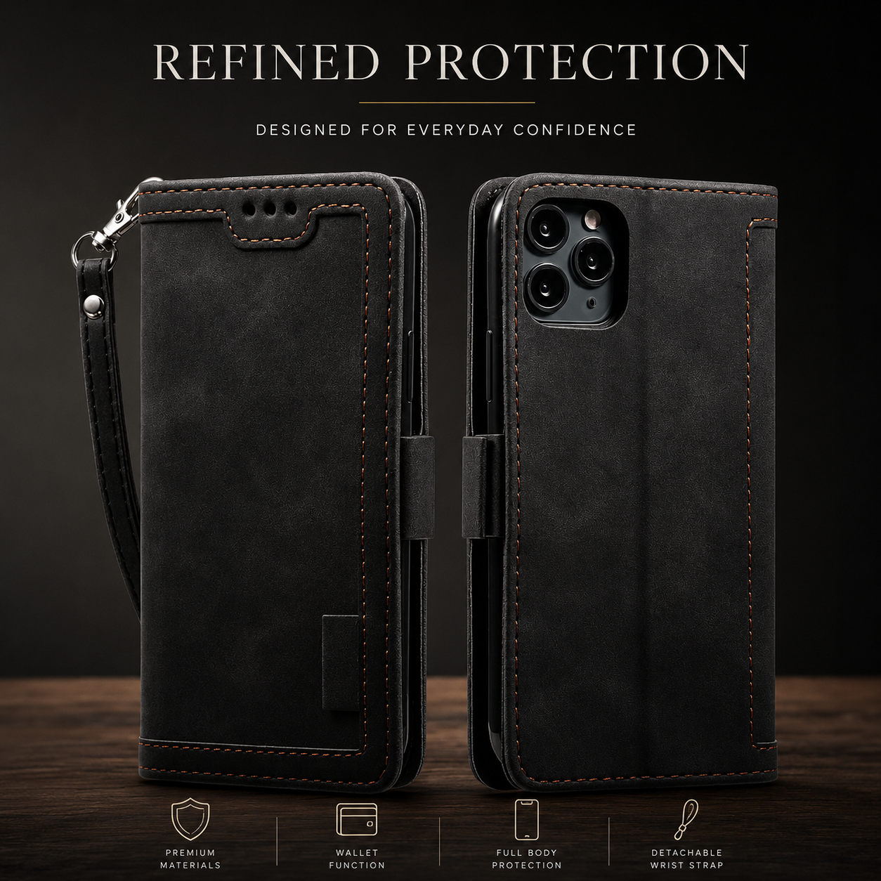 Premium iPhone Case Leather Wallet Flip Cover MagSafe Compatible Card Holder Magnetic Closure Shockproof Camera Protection Stand Full Coverage