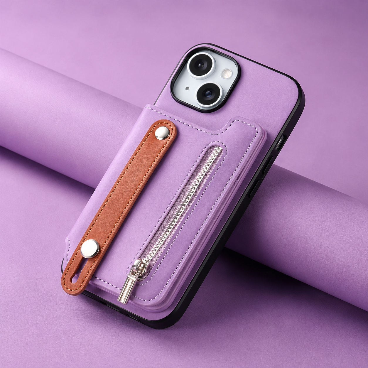 Premium iPhone Wallet Case Detachable Zipper Flip Cover PU Leather Card Holder Magnetic Closure Wrist Strap Shockproof Full Coverage Protective Design