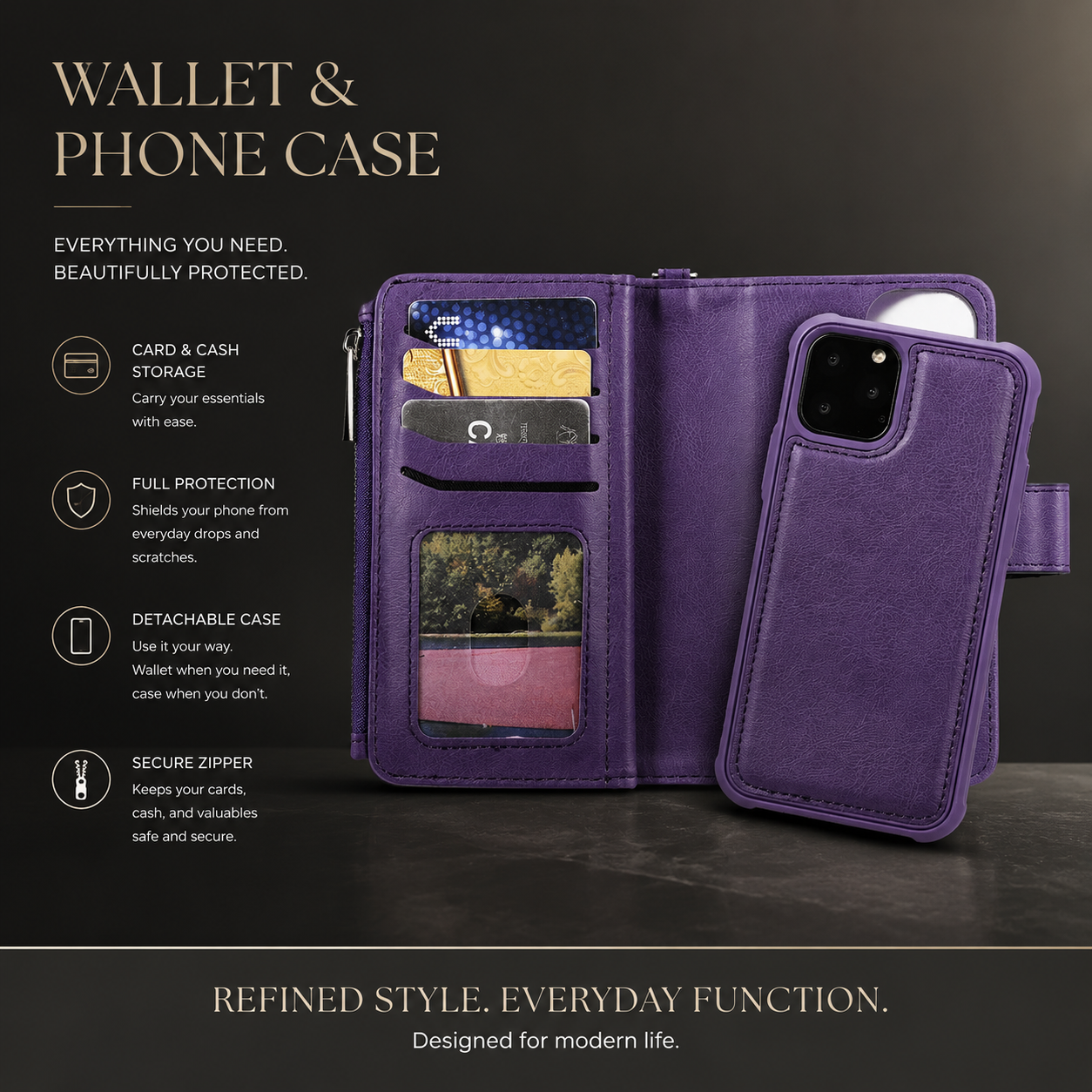 Premium iPhone Case Magnetic Detachable Wallet PU Leather Flip Cover Card Holder Kickstand Shockproof Full Coverage Protective Design