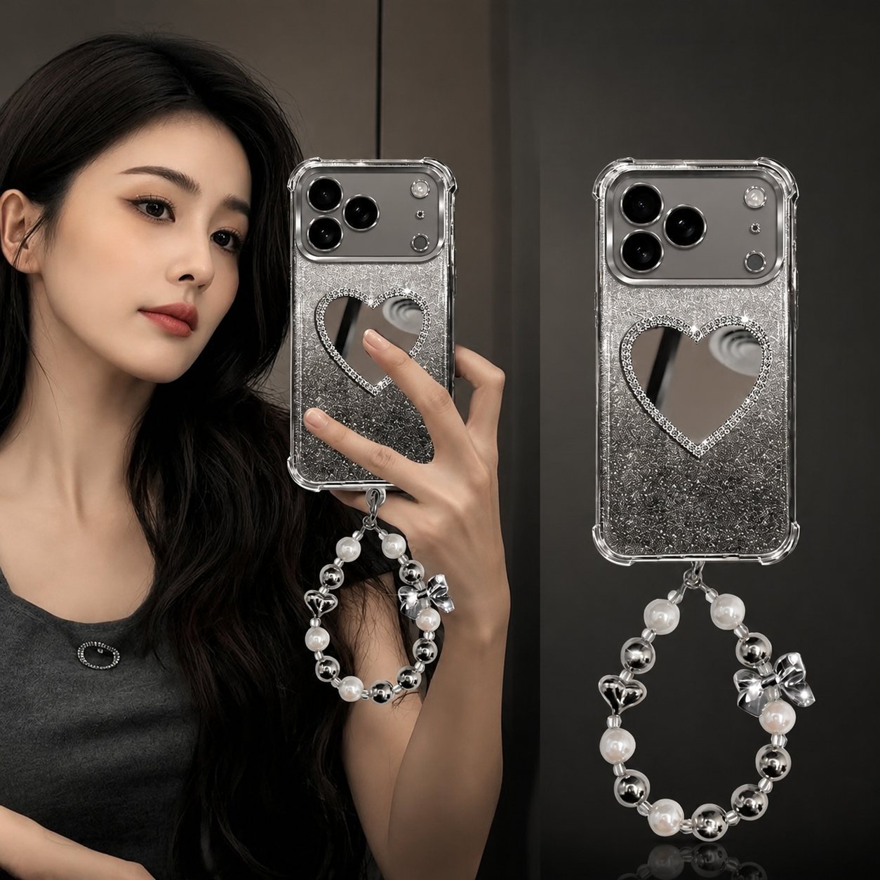 Premium iPhone Case MagSafe Compatible Glitter Mirror Bracelet Cover Shockproof Silicone Stand Holder Non Slip Anti Fingerprint Full Coverage Protective Design