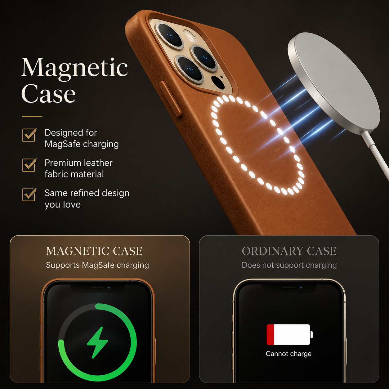 Premium iPhone Case MagSafe Compatible Leather Cover Magnetic Back Shockproof Protective Cover Anti Scratch Slim Half Wrapped Design