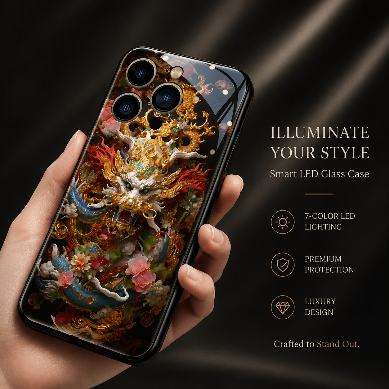 Premium iPhone Case LED Luminous Protective Cover Sound Reactive Tempered Glass Shockproof Camera Lens Protection Slim Full Coverage