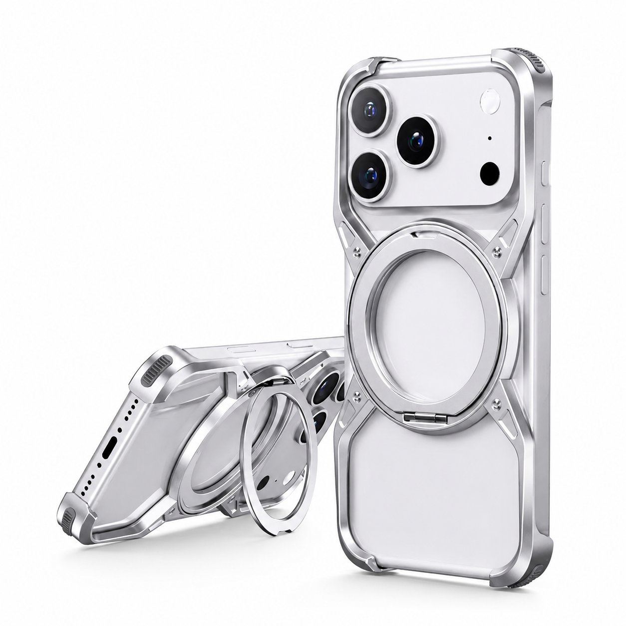 Premium iPhone Case MagSafe Compatible Magnetic Aluminum Bumper Frame Cover 360 Rotating Ring Stand Shockproof Edge Protection Camera Lens Guard Slim Design