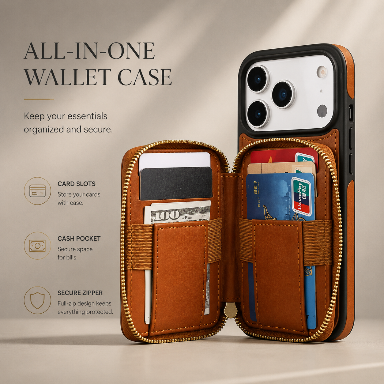 Premium iPhone Case Crossbody Wallet Folio Cover RFID Blocking Card Holder Zipper Kickstand Wrist Strap Shockproof Protective Full Coverage