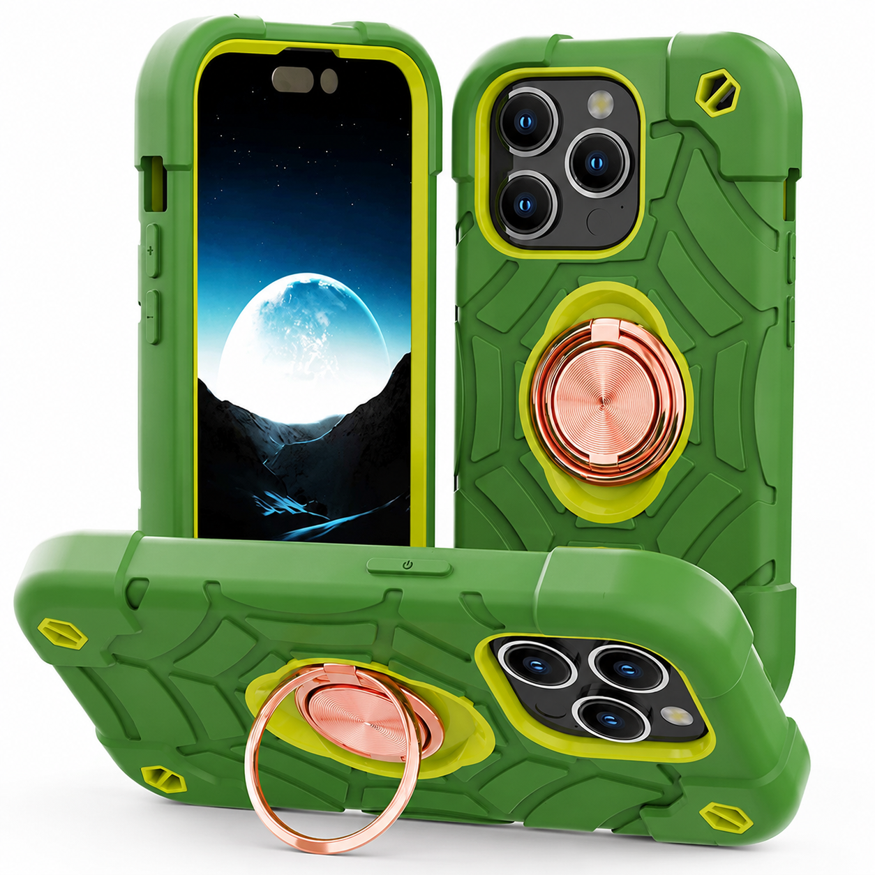 Premium iPhone Case Rugged Armor Cover Dual Layer Shockproof PC TPU Ring Holder Kickstand Anti Slip Grip Full Protection Design