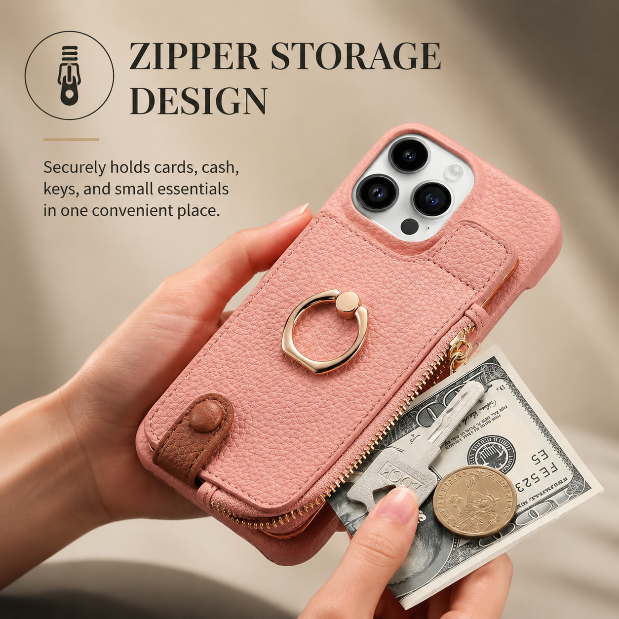 Premium iPhone Case Leather Zipper Wallet Cover MagSafe Compatible Card Holder Ring Kickstand Magnetic Closure Shockproof Camera Protection Full Coverage
