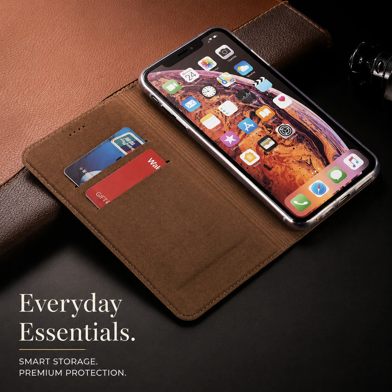 Premium iPhone Case Genuine Leather Flip Wallet Cover MagSafe Compatible Card Holder Magnetic Closure Shockproof Camera Protection Stand Full Coverage