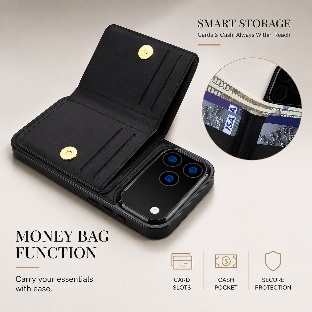 Premium iPhone Case Wallet Flip Cover Card Holder Magnetic Clasp Ring Kickstand PU Leather Shockproof Protective Cover Anti Scratch Full Protection Slim