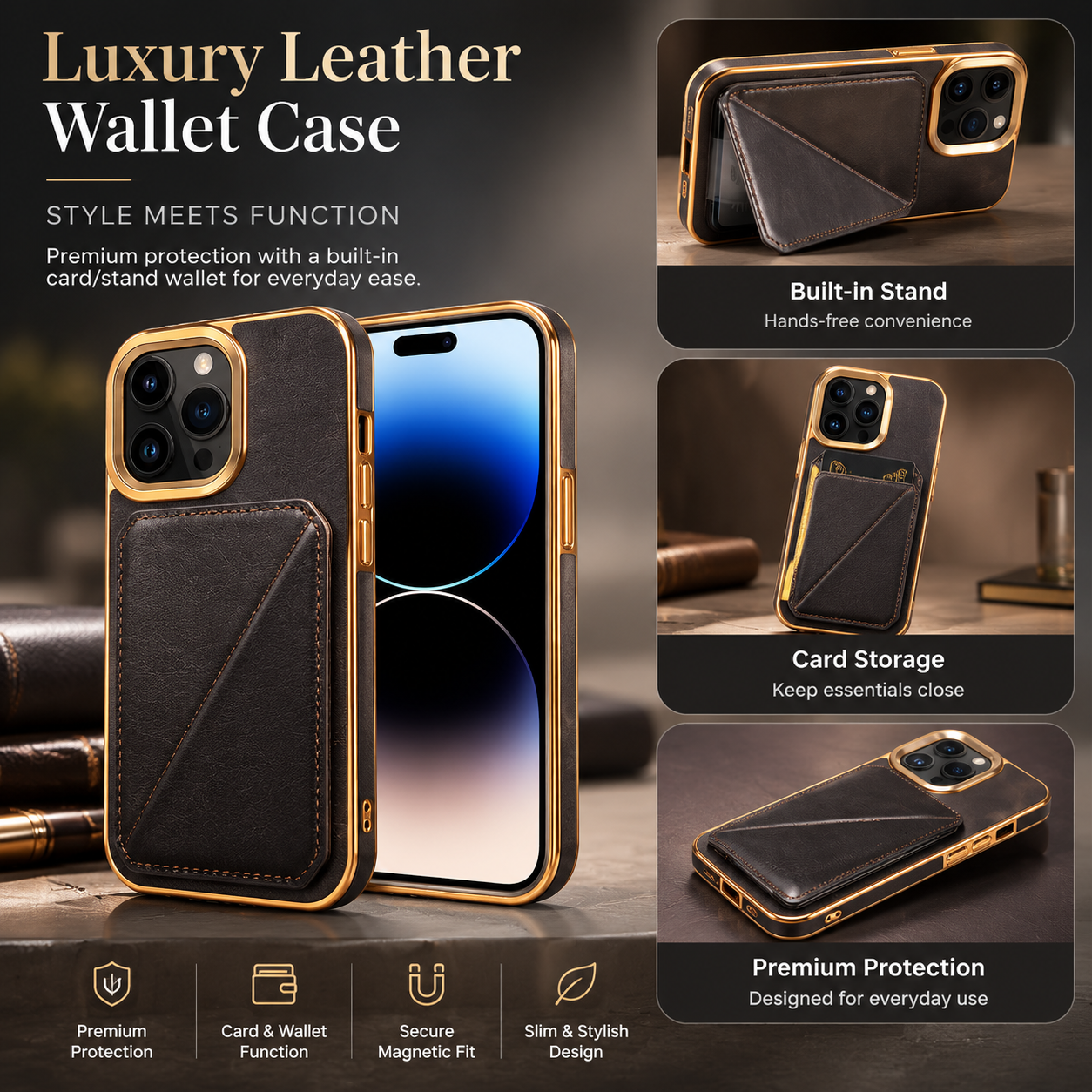 Premium iPhone Case Genuine Cowhide Leather Wallet Cover MagSafe Compatible Magnetic Card Holder Shockproof Camera Protection Slim Full Coverage