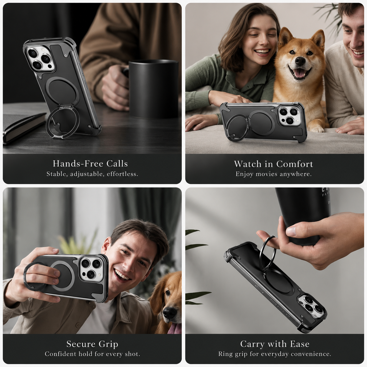 Premium iPhone Case Genuine Leather Magnetic Cover MagSafe Compatible Frameless Rotating Stand Ring Shockproof Anti Drop Protection Slim Profile