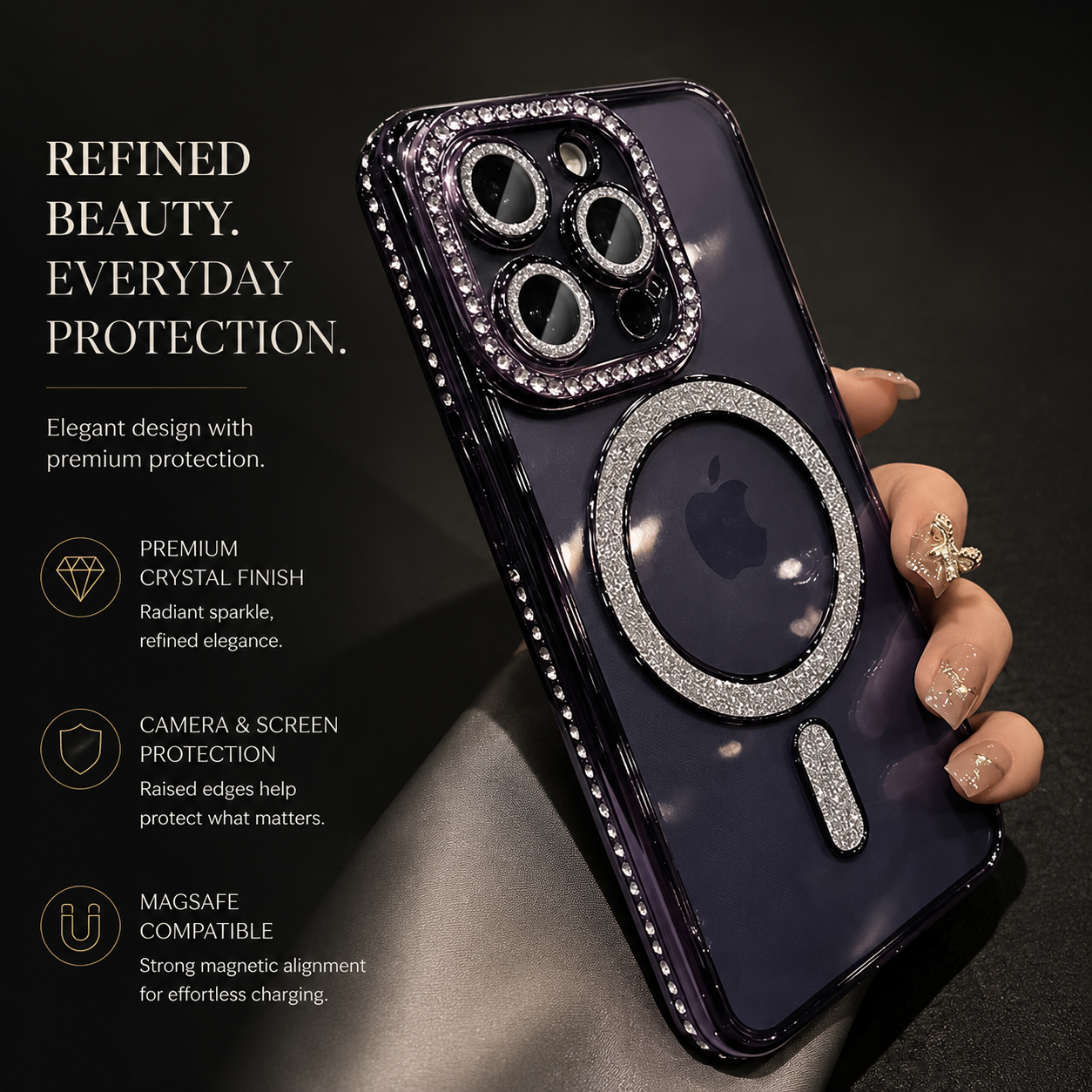 Premium iPhone Case MagSafe Compatible Transparent Glitter Diamond Design Shockproof Bumper Protective Cover Camera Lens Guard Ultra Thin Slim Design