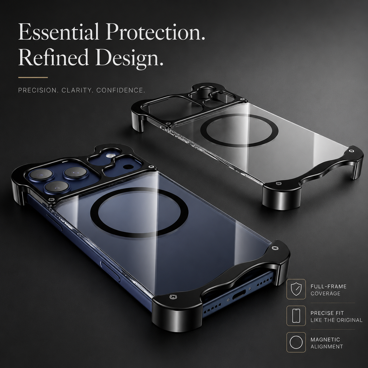 Premium iPhone Case MagSafe Compatible Magnetic Bumper Aluminum Corner Protection Transparent Back Shockproof Camera Lens Guard Slim Frameless Protective Cover