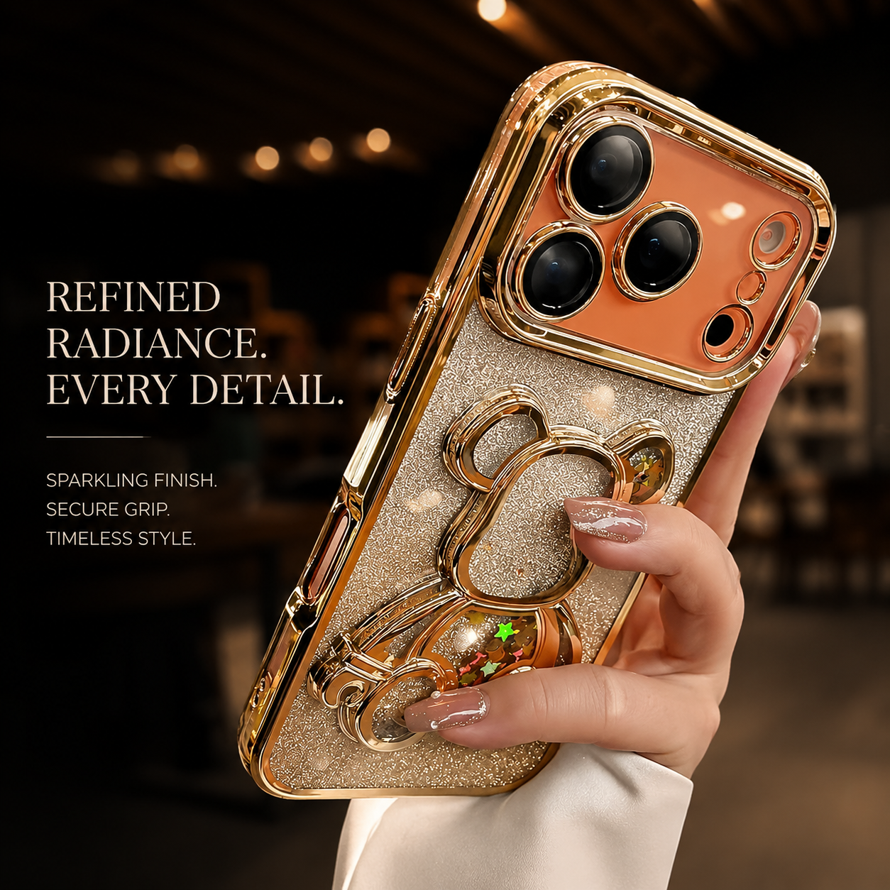 Premium iPhone Case Glitter Quicksand Bear Cover Shockproof Acrylic Plated Camera Protection Dustproof Full Coverage Anti Scratch Protective Design