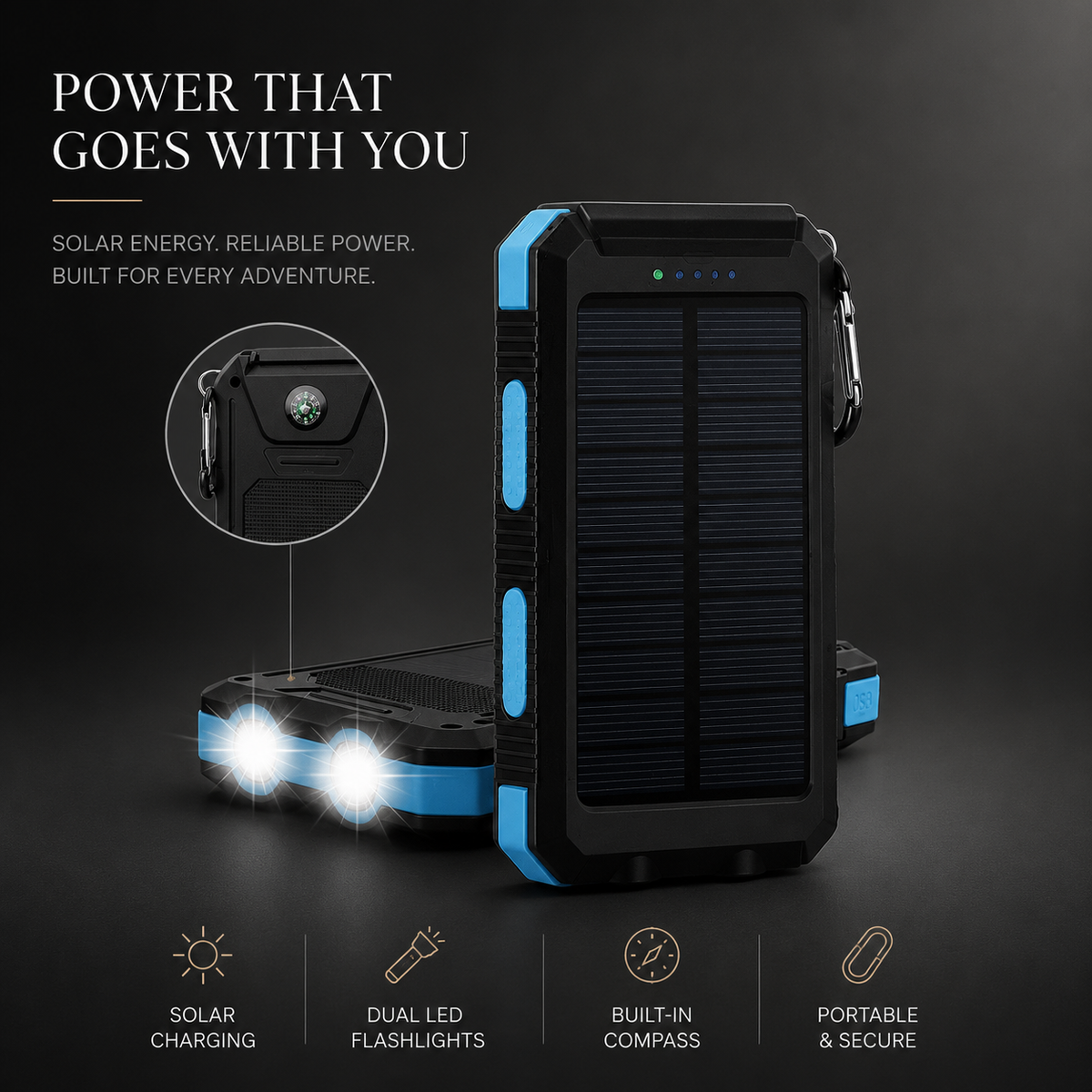 Premium 20000mAh Solar Power Bank Fast Charging Portable Battery Pack LED Flashlight Outdoor Travel Charger USB Device Charging Everyday Use Mode