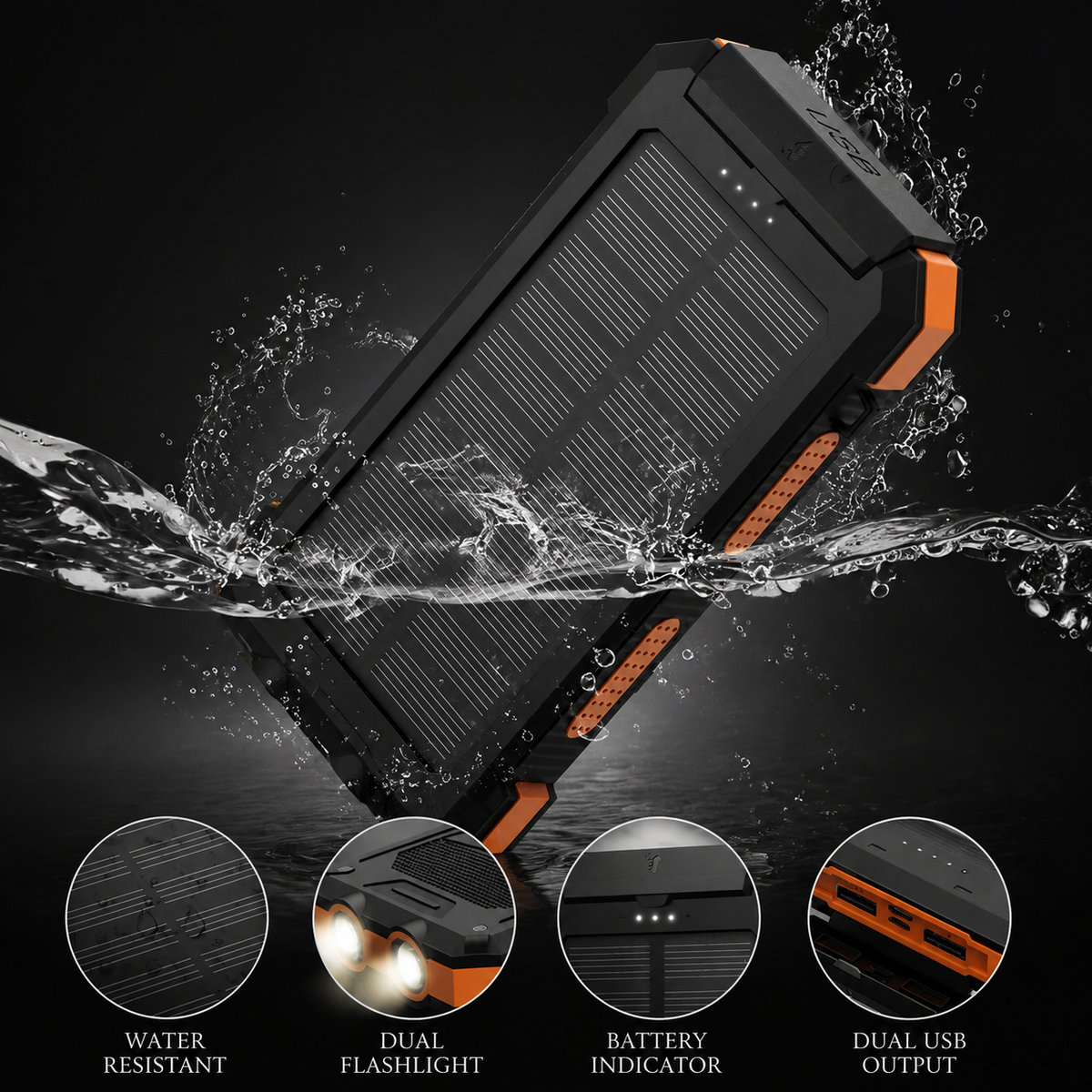 Premium 20000mAh Solar Power Bank Fast Charging Portable Battery Pack LED Flashlight Outdoor Travel Charger USB Device Charging Everyday Use Mode