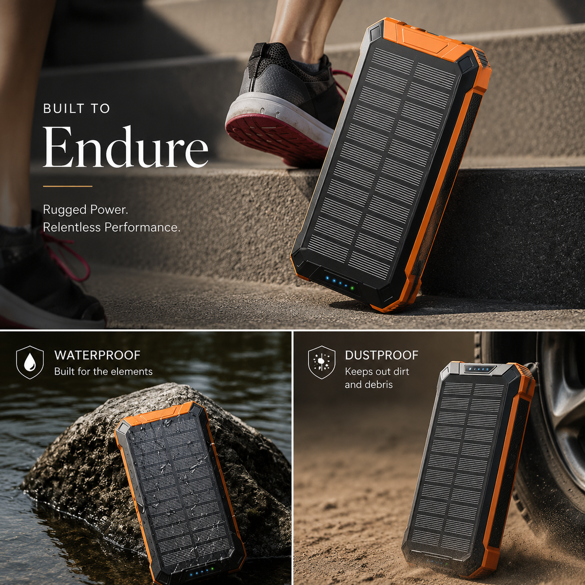 Premium 20000mAh Solar Power Bank Fast Charging Portable Battery Pack LED Flashlight Outdoor Travel Charger USB Device Charging Everyday Use Mode