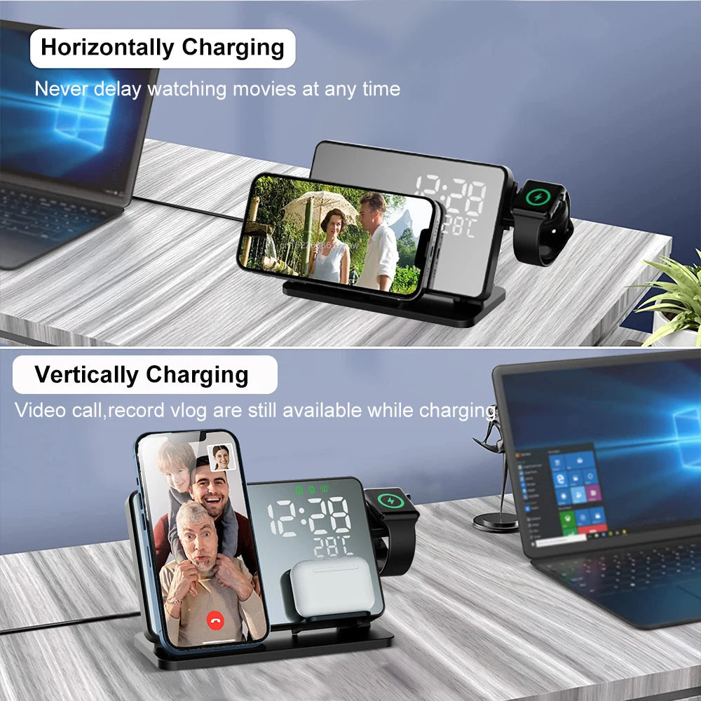 Premium 3 In 1 Wireless Charger Fast Charging Dock Station with Clock Multi Device Charging Stand for Smartphone Watch and Earbuds