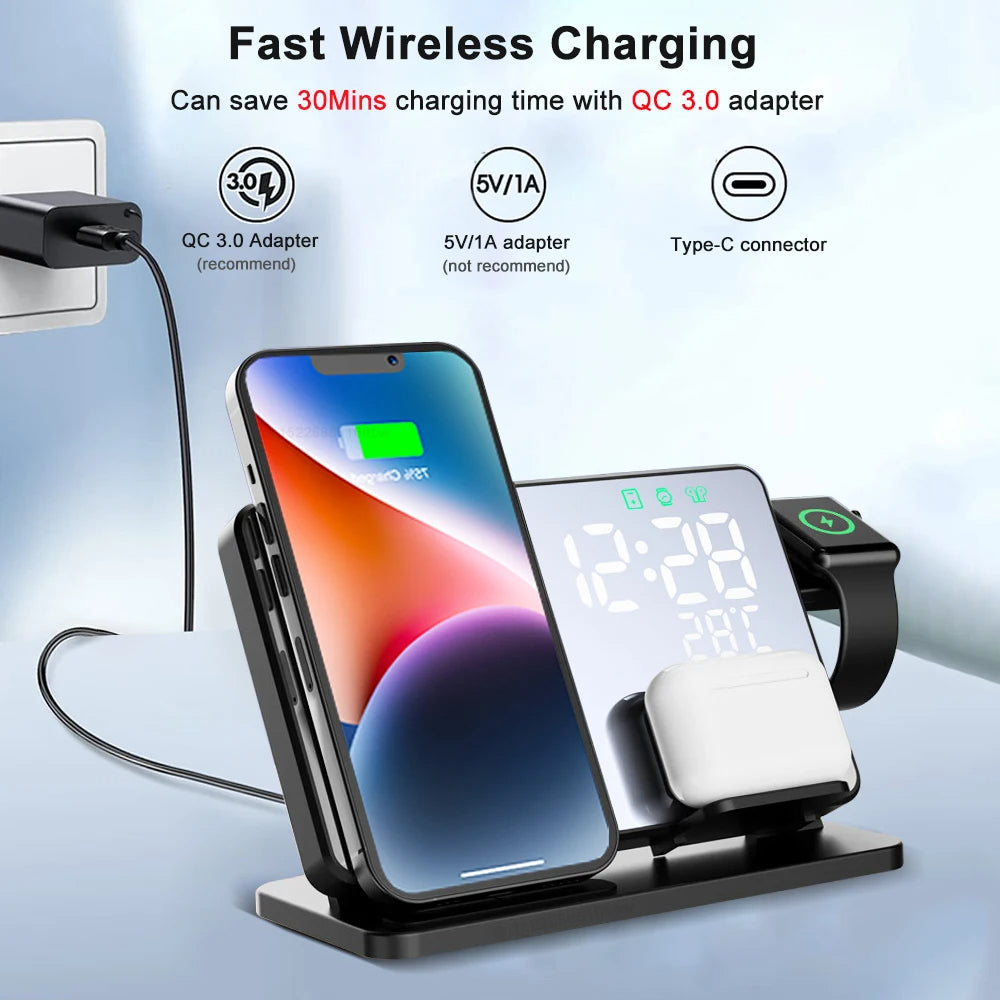 Premium 3 In 1 Wireless Charger Fast Charging Dock Station with Clock Multi Device Charging Stand for Smartphone Watch and Earbuds