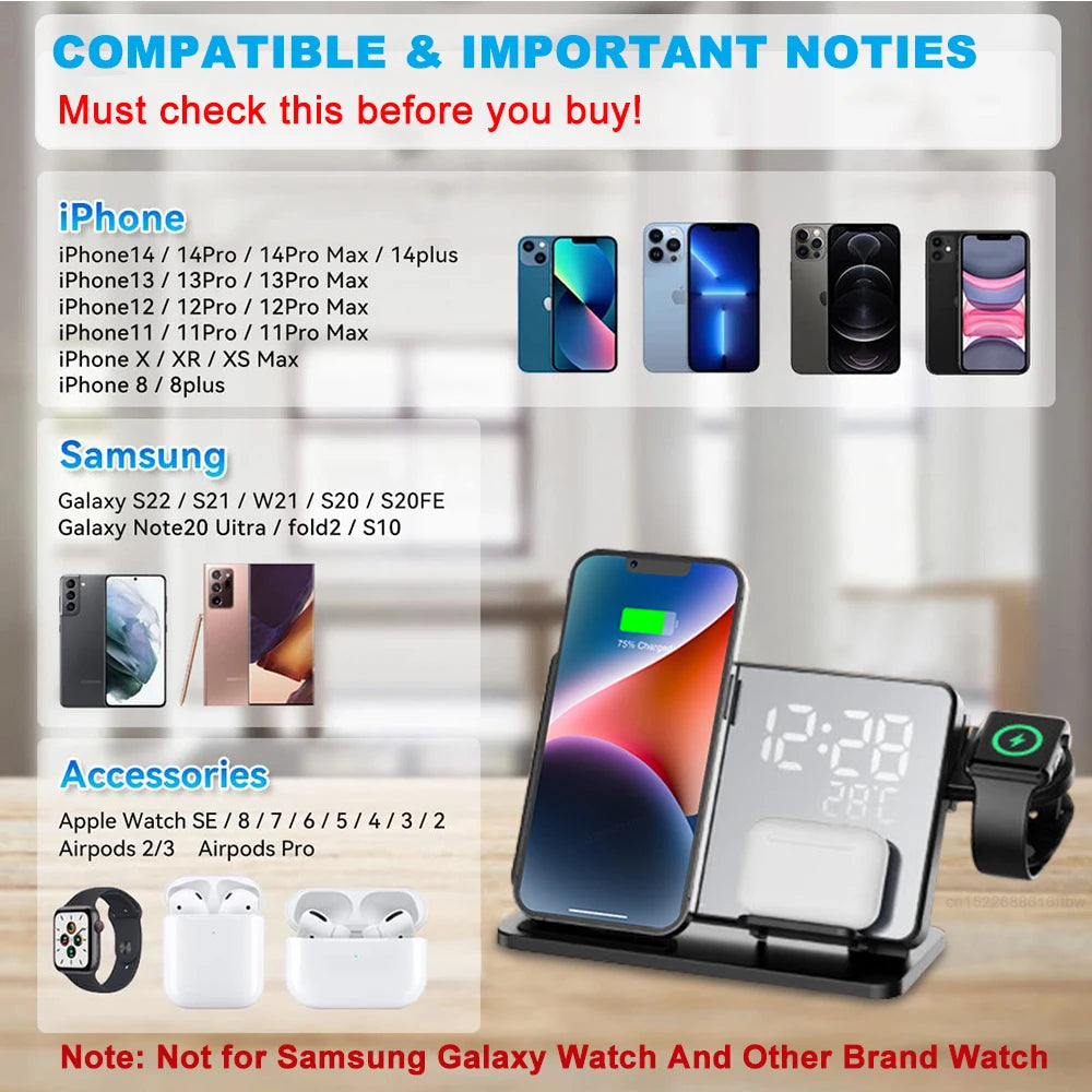 Premium 3 In 1 Wireless Charger Fast Charging Dock Station with Clock Multi Device Charging Stand for Smartphone Watch and Earbuds