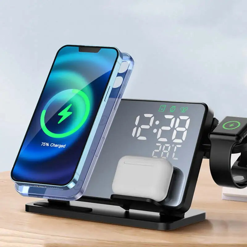 Premium 3 In 1 Wireless Charger Fast Charging Dock Station with Clock Multi Device Charging Stand for Smartphone Watch and Earbuds