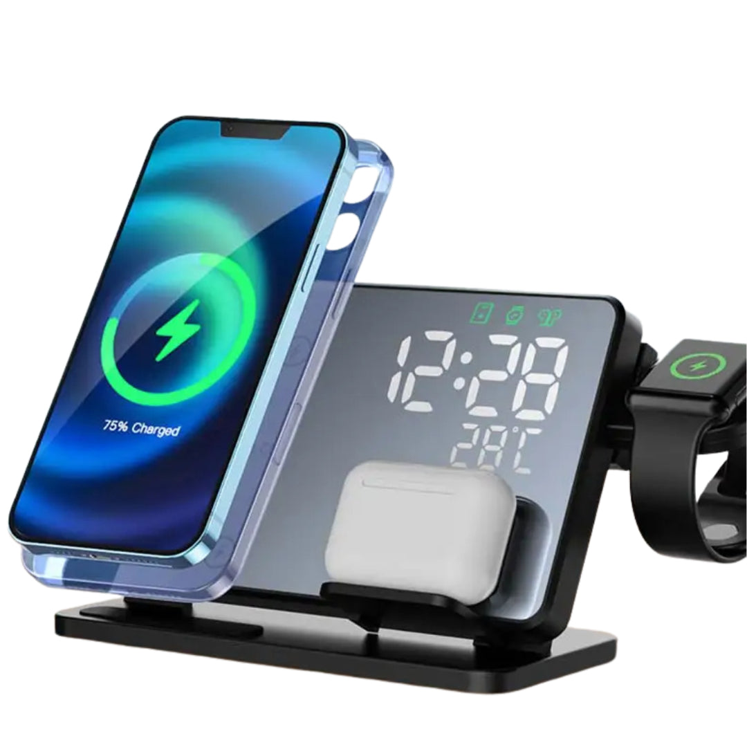 Premium 3 In 1 Wireless Charger Fast Charging Dock Station with Clock Multi Device Charging Stand for Smartphone Watch and Earbuds