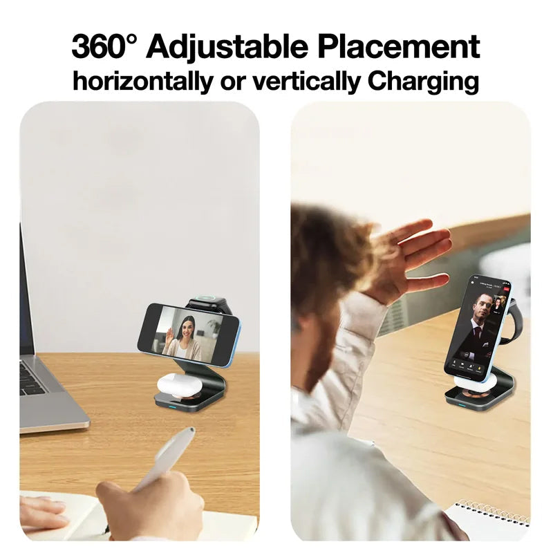 Premium 3 In 1 Wireless Charger Foldable Aluminum Charging Station MagSafe Compatible 15W Fast Magnetic Charging Dock