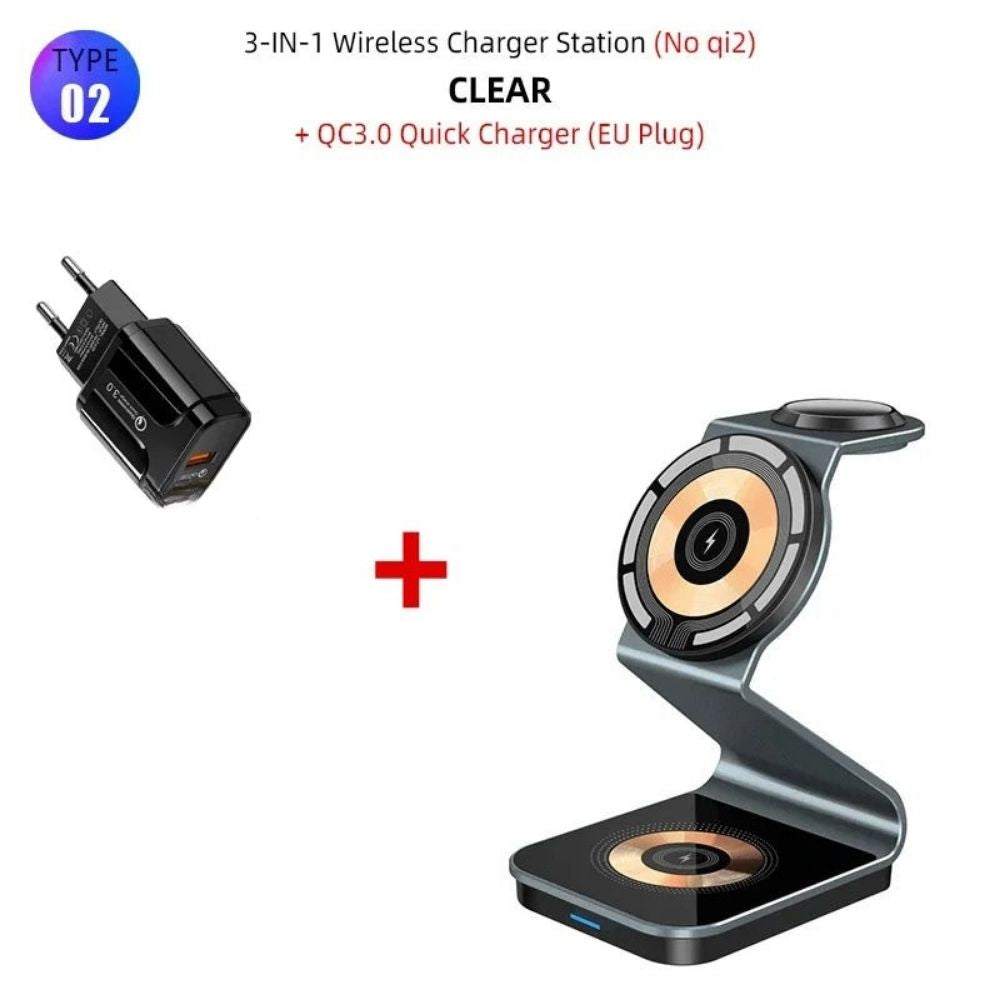 Premium 3 In 1 Wireless Charger Foldable Aluminum Charging Station MagSafe Compatible 15W Fast Magnetic Charging Dock