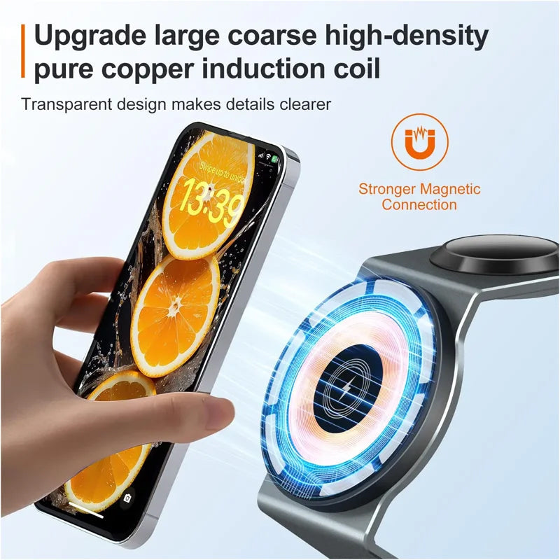 Premium 3 In 1 Wireless Charger Foldable Aluminum Charging Station MagSafe Compatible 15W Fast Magnetic Charging Dock