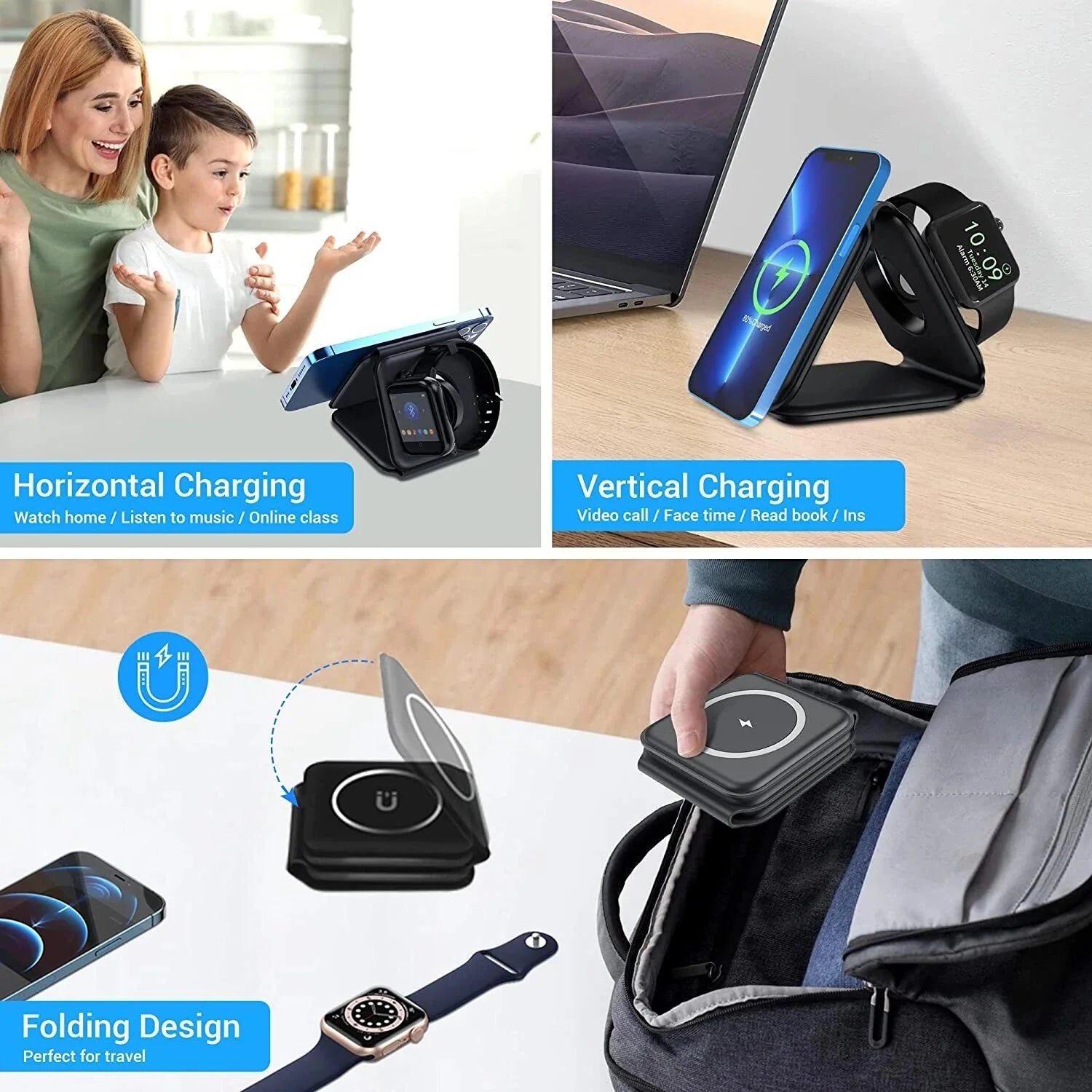 Premium 3 In 1 Wireless Charger Foldable MagSafe Compatible 15W Fast Charging Station Magnetic Portable Dock for Smartphone Watch and Earbuds