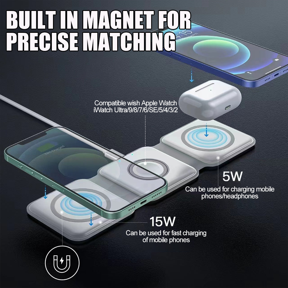Premium 3 In 1 Wireless Charger Foldable MagSafe Compatible 15W Fast Charging Station Magnetic Portable Dock for Smartphone Watch and Earbuds