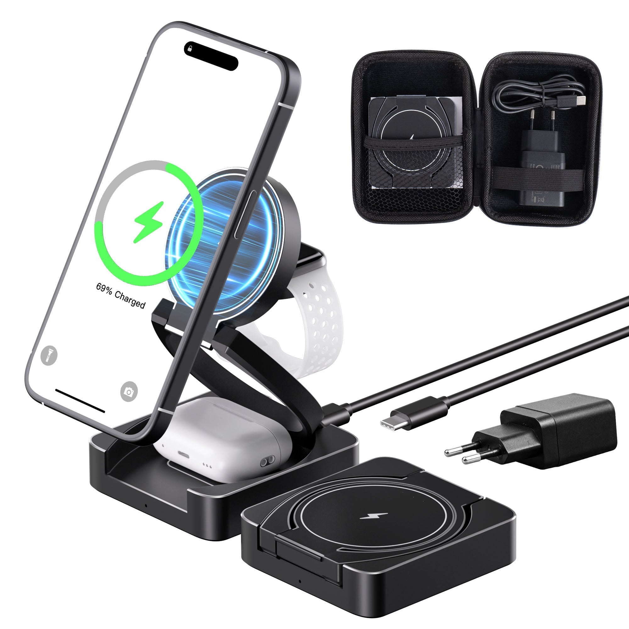 Premium 3 In 1 Wireless Charger Foldable MagSafe Compatible 15W Fast Charging Station Magnetic Portable Dock for Smartphone Watch and Earbuds