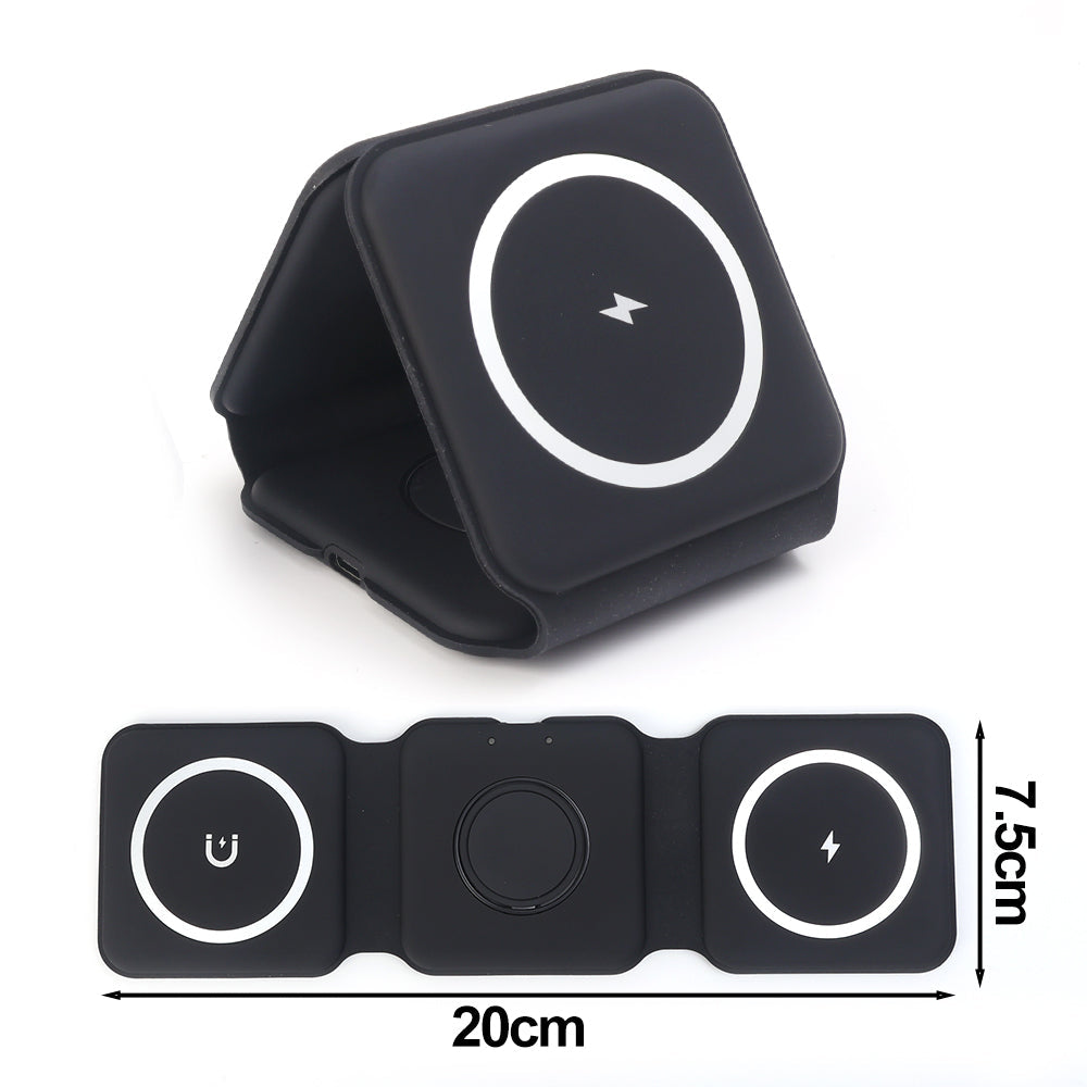 Premium 3 In 1 Wireless Charger Foldable MagSafe Compatible 15W Fast Charging Station Magnetic Portable Dock for Smartphone Watch and Earbuds